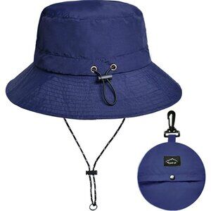 Unisex Navy 100% Nylon Wide Brim Uv Protection Chin Strap Packable Bucket Hat